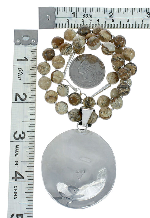 Sterling Silver Navajo Picture Rock Bead Necklace Pendant Set JX131110